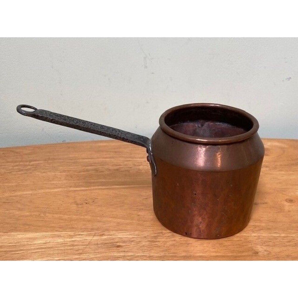 Antique Copper Pot with Cast Iron handle Dovetailed Hand Forged Rivets 4" Tall